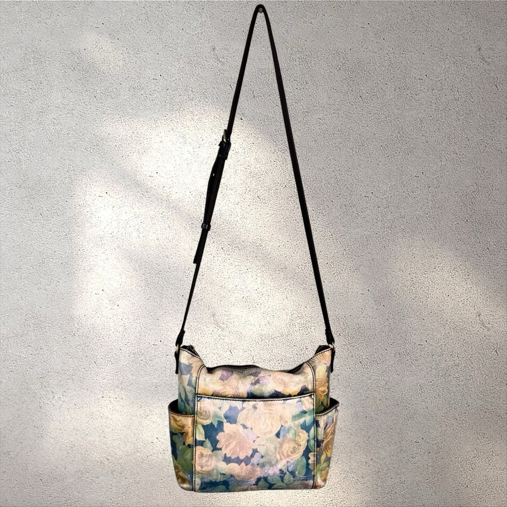PATRICIA NASH AVELEY Blue Sky Rose Print GENUINE LEATHER CROSSBODY HANDBAG